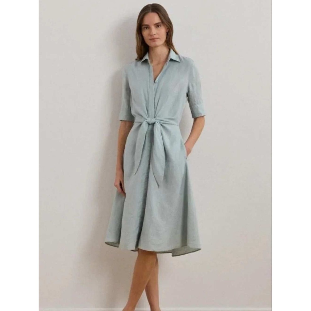 Lauren Ralph Lauren 100% Linen Tie Front Shirt Dress 12 Coastal Blue Natural